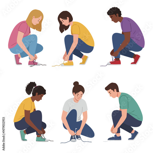 People tying shoelaces various ethnicities vector