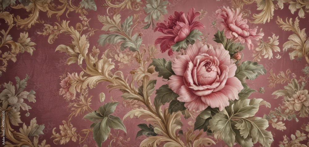 custom made wallpaper toronto digitalElegant antique rose & acanthus textile pattern, regal detail, embroidery, floral pattern