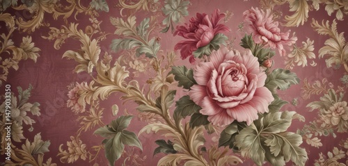 Wallpaper Mural Elegant antique rose & acanthus textile pattern, regal detail, embroidery, floral pattern Torontodigital.ca