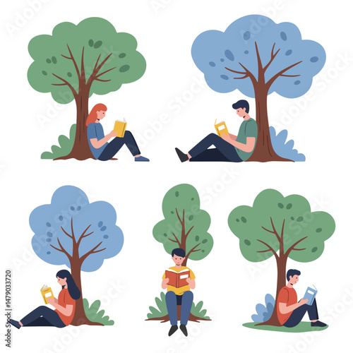 People reading books under trees relaxation