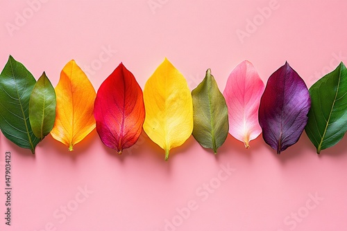 Colorful leaves arranged in a neat row on pink background showcasing variation and creative pattern for seasonal concepts.