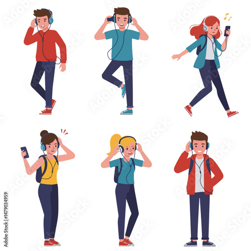 People listening music with headphones character set