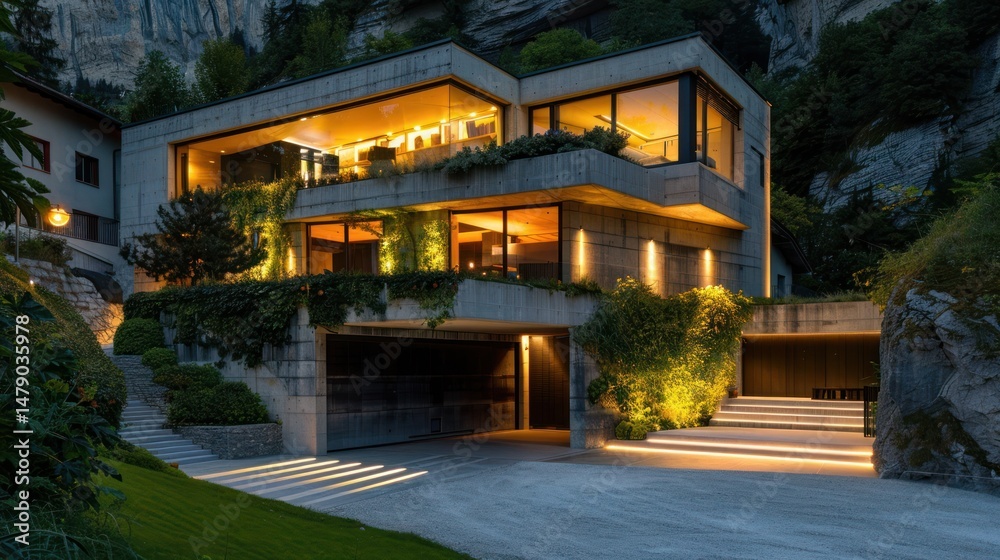Obraz premium Modern Concrete Home at Night