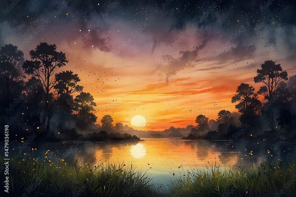 Naklejka premium A romantic sunset with fireflies emerging as the light fades in watercolor style