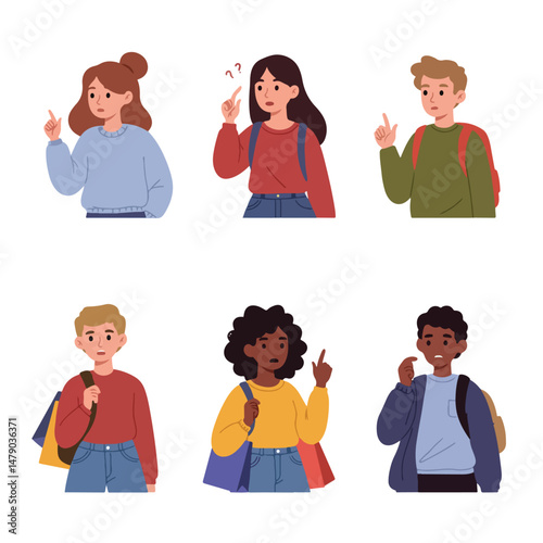 Students pointing up with backpacks and shopping bags