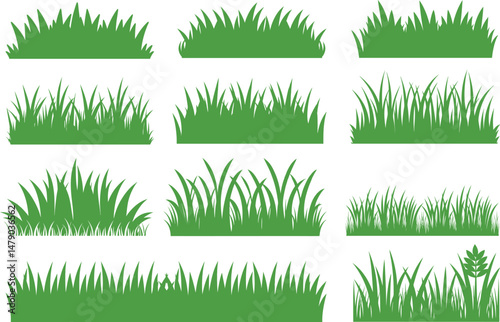 Set of Green Grass Borders. Realistic Grass Strips, Horizontal Lawn Dividers, Nature Edge Elements, Seamless Turf Pattern, Garden Ground Clipart, Summer Plant Vector Illustration