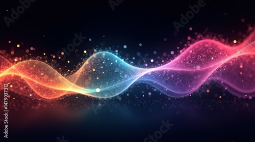 futuristic digital wave of luminous particles flowing in an elegant, curving motion. The particles shift between vibrant colors such as teal, orange, and deep pink , forming an abstract data stream.