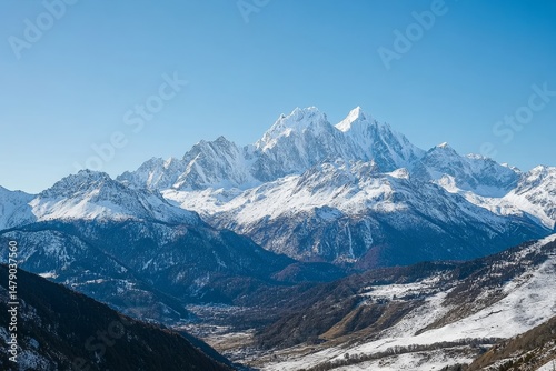 Snow-Covered Mountain Range with Clear Blue Sky