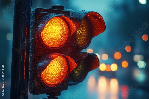 A traffic light glows red on a rainy evening, with blurred city lights in the background.