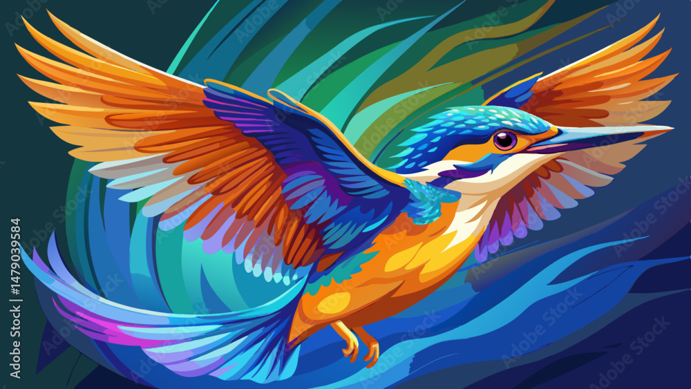 Obraz premium The Common Kingfisher (Alcedo atthis) soars through the air with vibrant wings outstretched, its feathers shimmering in brilliant shades of blue and orange. Captured mid-flight, it brings motion and e