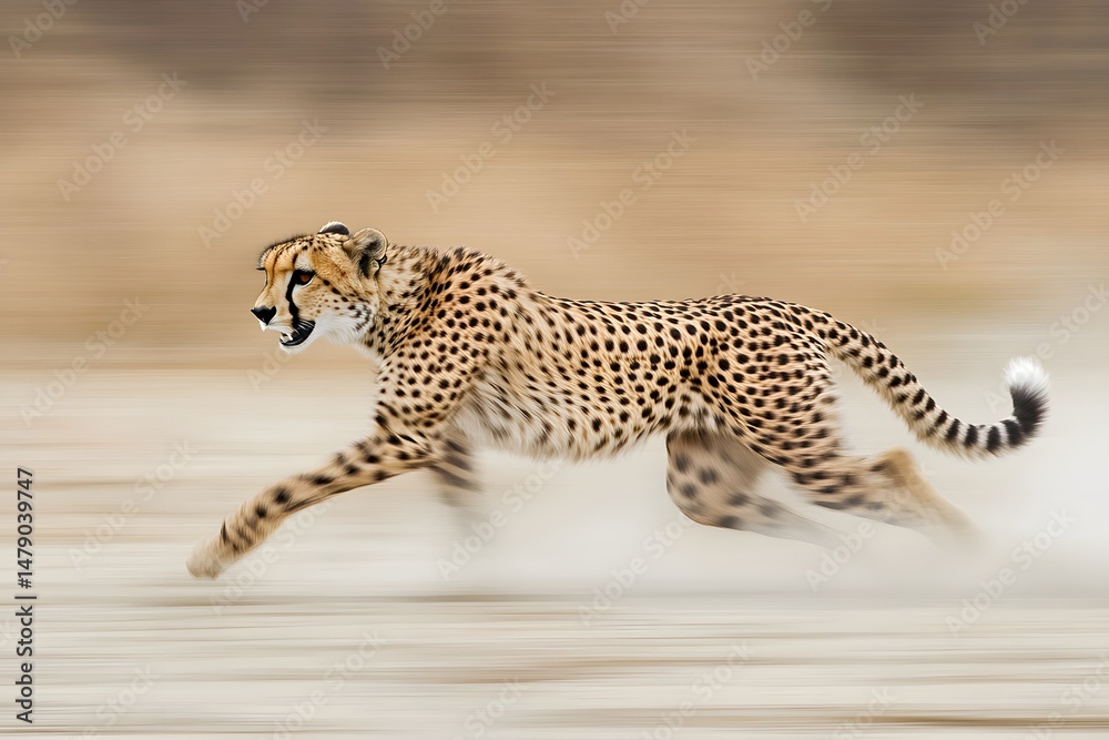 Obraz premium Magnificent cheetah in motion demonstrates speed and agility against a blurred backdrop