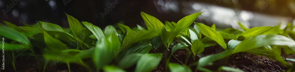 Obraz premium Close up vibrant green plant leaves thriving in natural light depicting growth and the beauty of nature for environmental concepts.