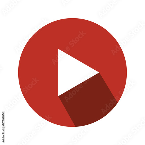 Flat design play button icon. Red circular button with white triangle symbol and long shadow. Start, media, or video player interface element.