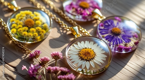 Close-up of handmade floral resin pendants with real daisies and wildflowers encased in clear resin, attached to golden chains, ideal for nature-inspired jewelry and artisan crafts

