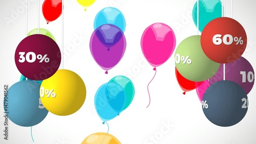Colorful balloons with discount percentages hanging on strings against white background represent shopping sales and celebration.
