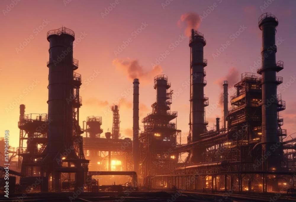 Fototapeta premium Dark refinery profile against vibrant sunrise , industrial, fuel, industrial complex