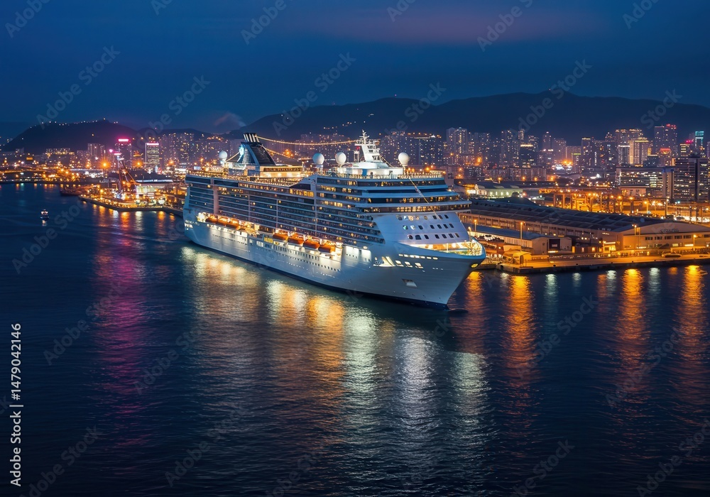 Naklejka premium Majestic cruise ship illuminated at night docked in harbor with vibrant city skyline and twinkling lights reflected on water surface