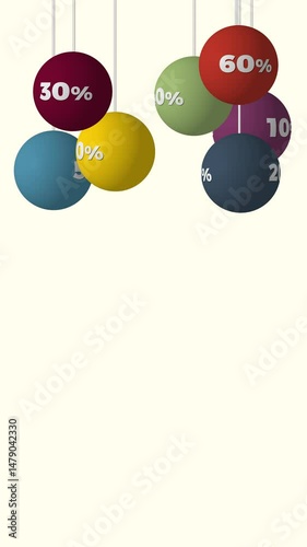 3d rendering of colorful spheres hanging from strings with various percentages written on them. Discounts applied on various types of products.
