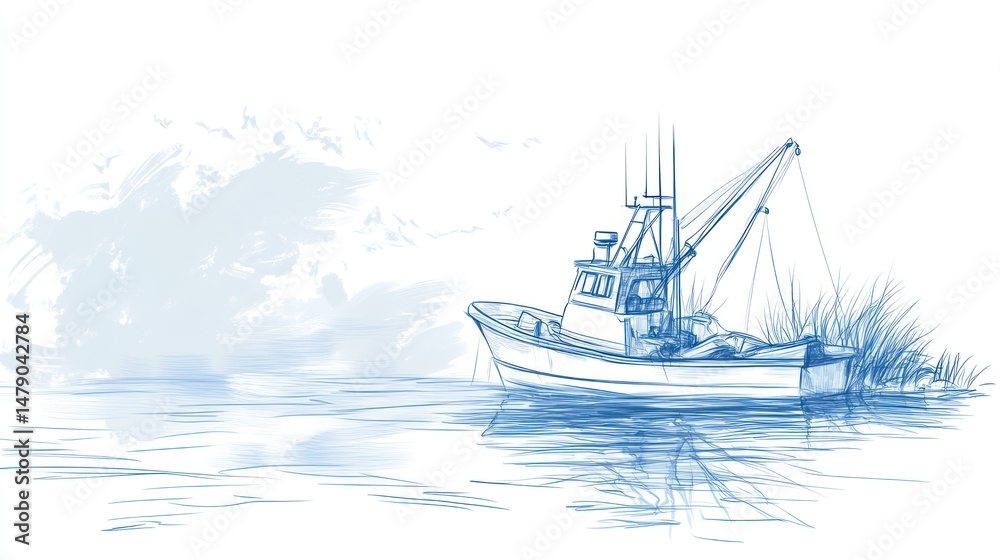 Obraz premium Fishing boat sketch on tranquil water