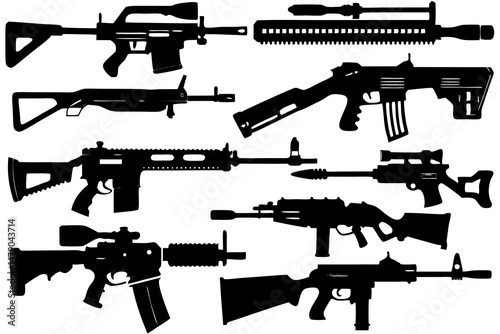 High detailed modern fire weapons silhouettes black vector, weapons silhouette set 