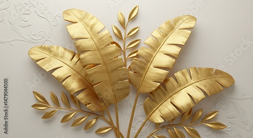 Golden Banana Leaves with Stucco Stems: An Elegant 3D Floral Background