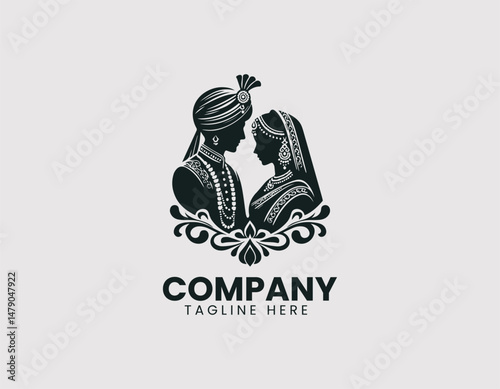 Elegant Indian Traditional Wedding Couple Illustration Vector Logo Design,  Graceful Indian Bride and Groom Traditional Attire Vector Logo
