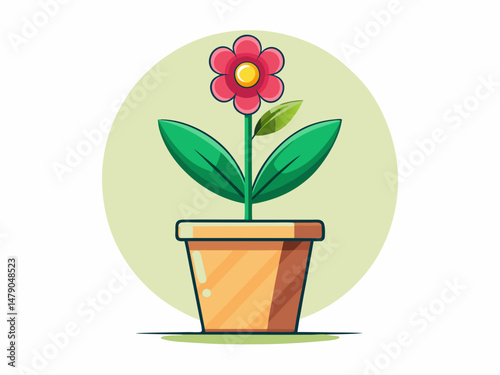 A minimalist flower pot with a single blooming flower in the center. White background, elegant flat design