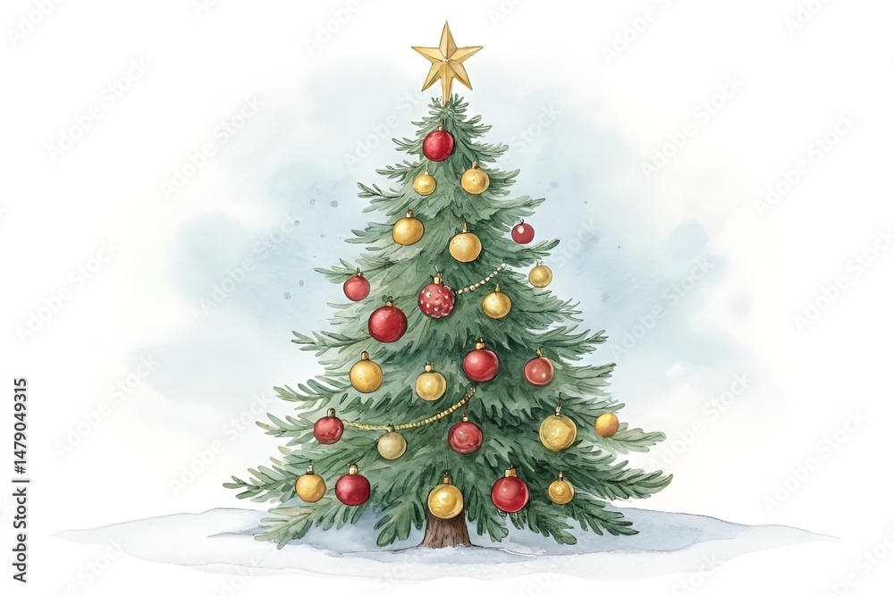Watercolor Christmas Tree Illustration with Red and Gold Ornaments on White Background Watercolor Christmas Tree Illustration with Red and Gold Ornaments on White Background