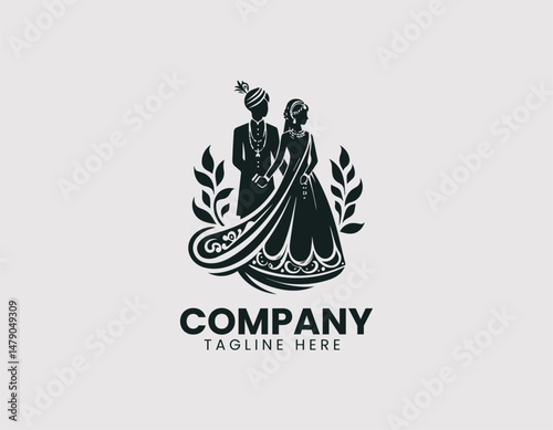 Elegant Indian Traditional Wedding Couple Illustration Vector Logo Design,  Graceful Indian Bride and Groom Traditional Attire Vector Logo