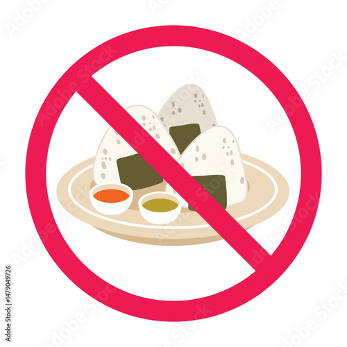 Forbidden sign with japanese food icon, no onigiri rice ball allowed sign, do not eat onigiri symbol