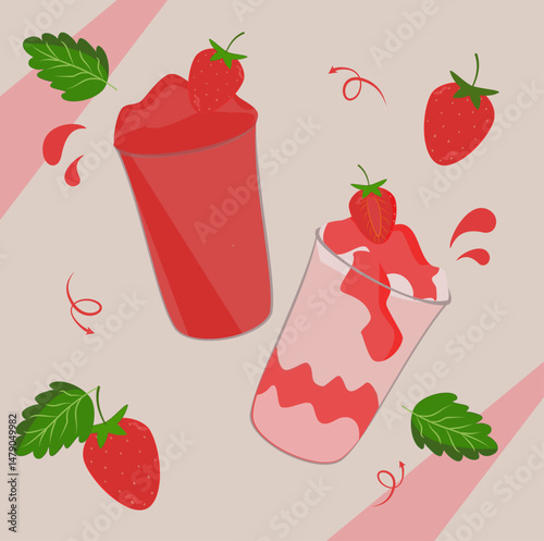 Set of ripe and juicy strawberries. Drops of milk and water drops from falling fresh red berries. Strawberry dessert with whipped cream. 3D vector illustration.