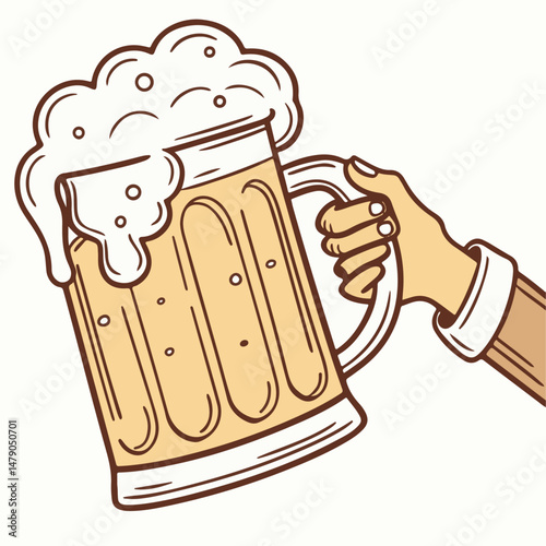 Vintage Craft Beer Illustration – Frothy Mug Drawing. Cheers Toast, Clinking Glasses, Refreshing Lager with Foam. Bar, Pub, Oktoberfest, Celebration Icon