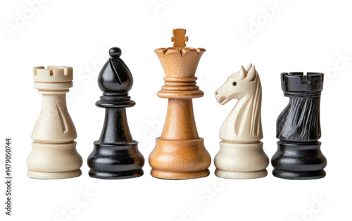 Row of chess pieces, including a king, a knight, a bishop, a rook, and a pawn