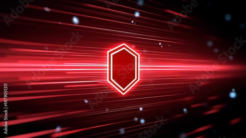 Red hexagon with glowing outline and dynamic red light streaks, particles, and energetic digital effects, creating futuristic abstract atmosphere with motion and energy, featuring central red glowing