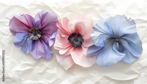 Delicate paper flowers in varying pastel shades on crumpled paper.