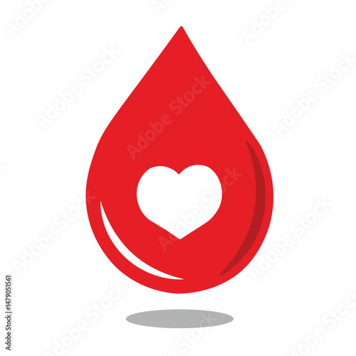 Red Droplet Icon Featuring a White Heart with Minimalist Design. Modern icon depicting a vibrant red droplet with a white heart inset, symbolizing blood donation, love, and health. Simple shading 