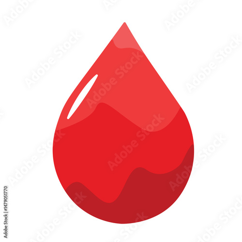 Bright Red Blood Drop Icon on a White Background. Glossy red droplet illustration symbolizing blood donation, healthcare, or vitality, against a clean white background, emphasizing clarity and strong 