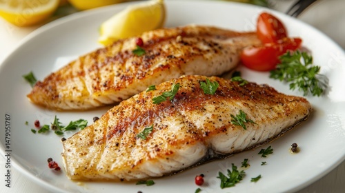 Pan-seared tilapia fillet on a minimalist white plate