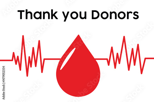 Thank You Message for Blood Donors with Heartbeat and Blood Drop Graphic. Illustration of a thank you message for blood donors featuring a heartbeat cardiogram and a red blood drop, symbolizing gratit