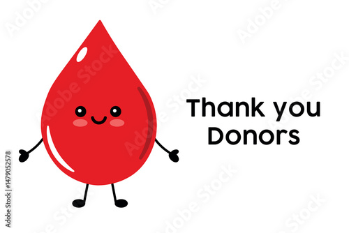 Cartoon Blood Drop Character Illustration With Thank You Message. A cute cartoon blood drop character illustration with a thank you donors message, conveying gratitude and appreciation for blood donat