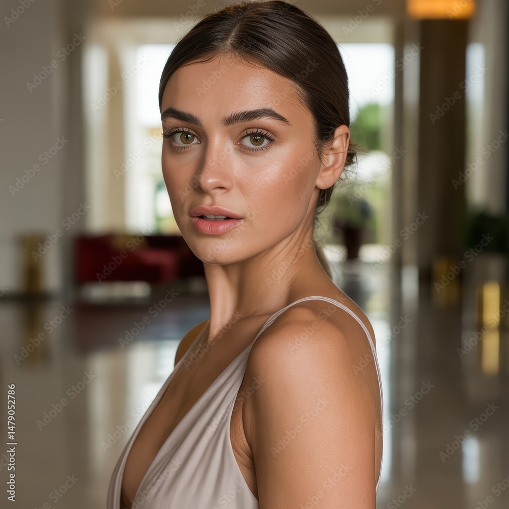 Stylish portrait of woman in modern interior with soft dramatic lighting Stylish portrait of woman in modern interior with soft dramatic lighting