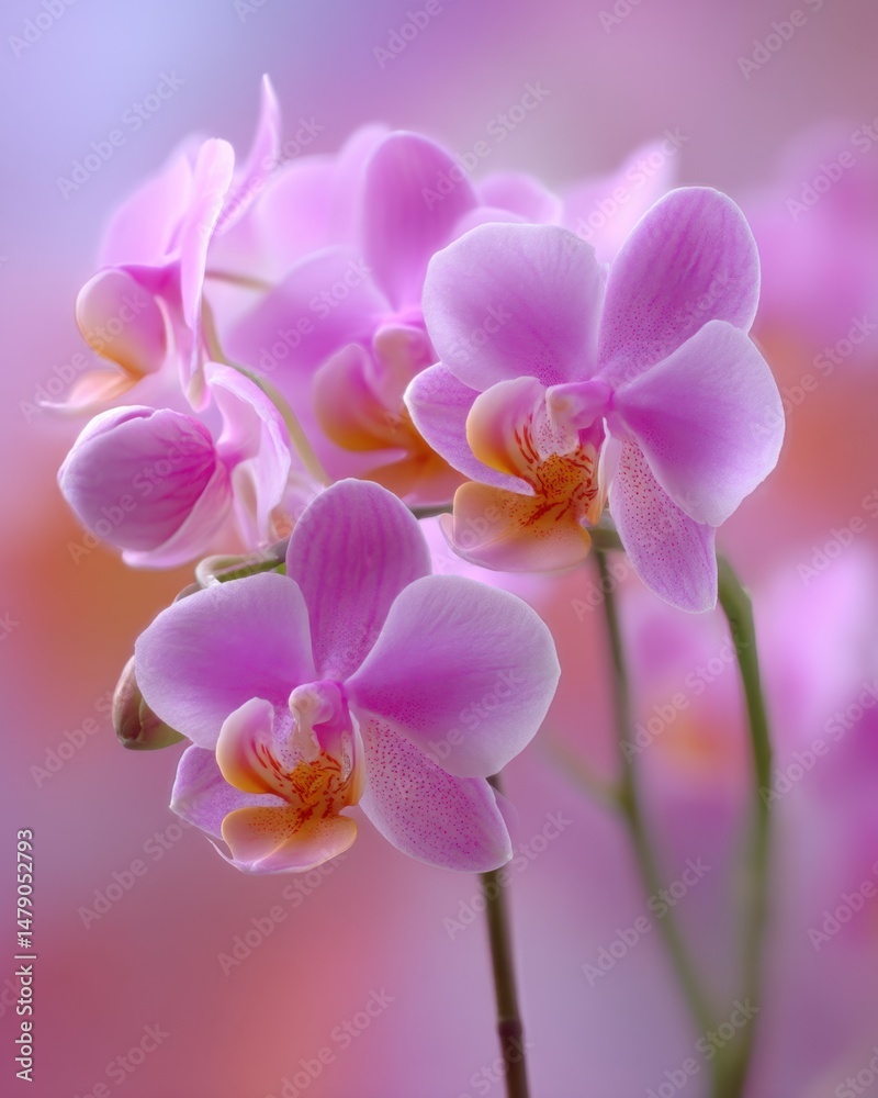 Close-up of Delicate Pink Orchid Flowers Blooming with Soft Focus and Pastel Background in Studio Setting for Floral Beauty Close-up of Delicate Pink Orchid Flowers Blooming with Soft Focus and Pastel Background in Studio Setting for Floral Beauty