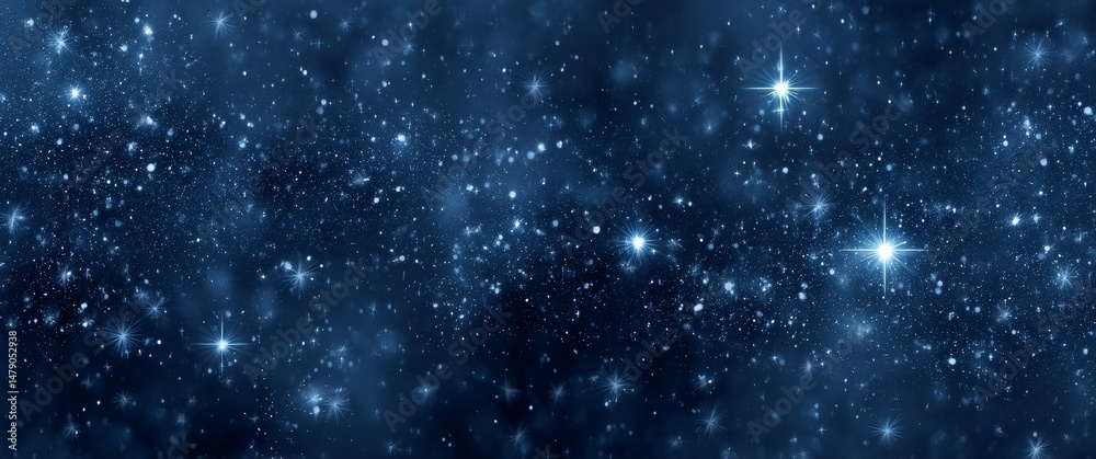 Obraz premium A panoramic view of the starry night sky with numerous stars shining brightly against a dark blue background.