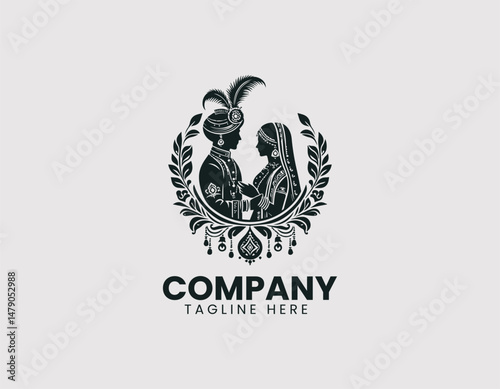 Elegant Indian Traditional Wedding Couple Illustration Vector Logo Design,  Graceful Indian Bride and Groom Traditional Attire Vector Logo