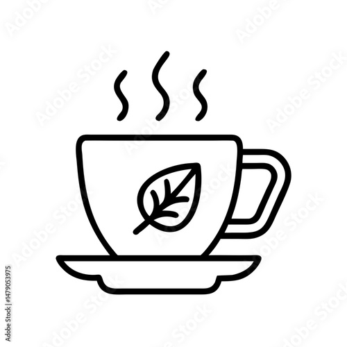 Tea cup with steaming beverage and leaf design, concept of autumn tea icon  