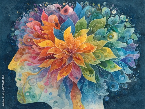 mastermind, chakra power, flower floral abstract thought together, world, universe inside your mind, watercolor painting. High quality