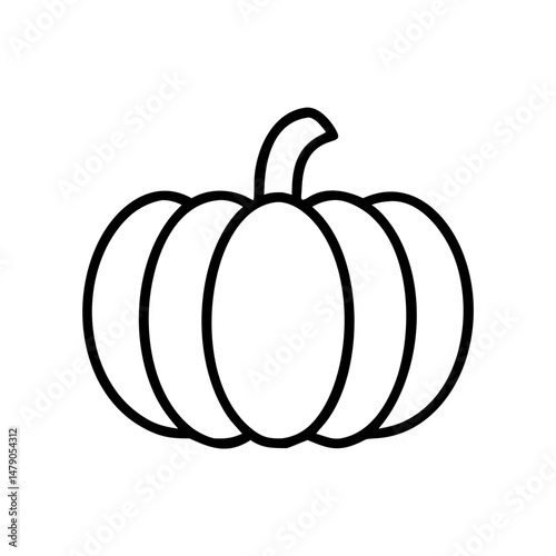 Pumpkin icon in black outline, transparent background representing harvest and Halloween