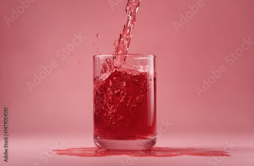 Pouring Refreshing Red Liquid into a Glass, Bubbles, Splash, Refreshment, and Cooling for a Pink Mood