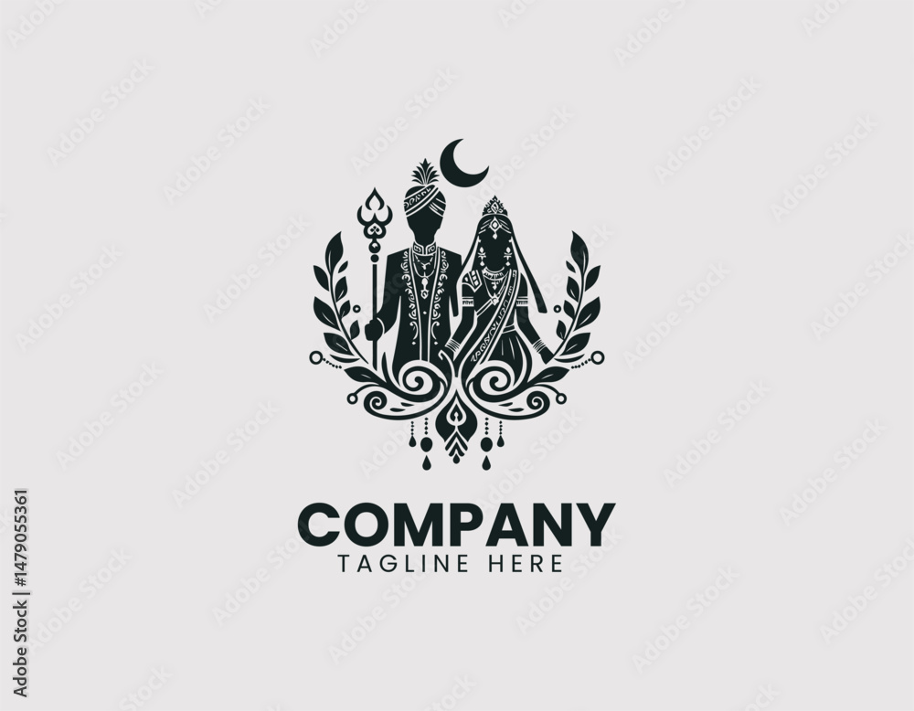 Obraz premium Elegant Indian Traditional Wedding Couple Illustration Vector Logo Design, Graceful Indian Bride and Groom Traditional Attire Vector Logo