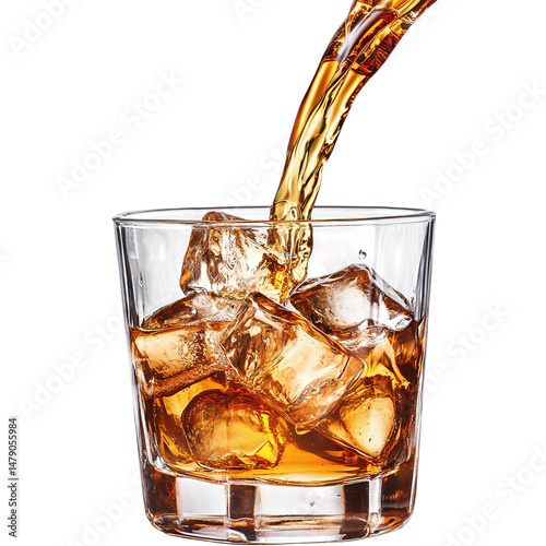 Whiskey being poured over ice cubes in a clear glass isolated on transparent background